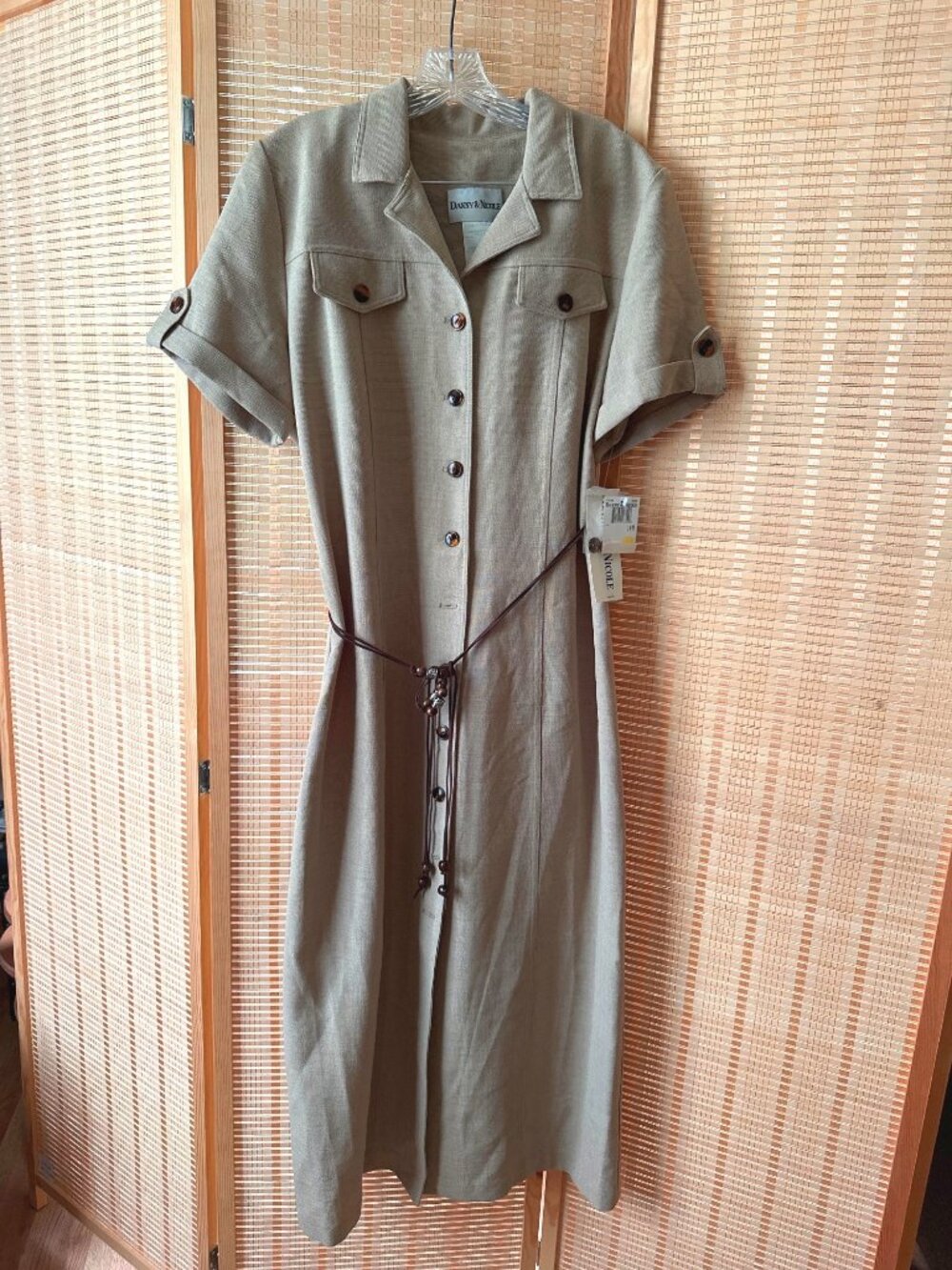 Danny & Nicole Y2K Beige Safari-Inspired Button-Down Midi Dress With Belt 14